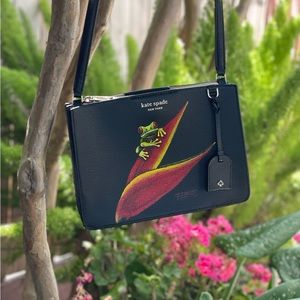 Kate Spade Black Leather Crossbody Compartment Bag with Green Tree Frog Art